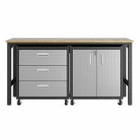 Manhattan Comfort 16GMC 3-Piece Fortress Mobile Space-Saving Steel Garage Cabinet and Worktable 3.0 in Grey